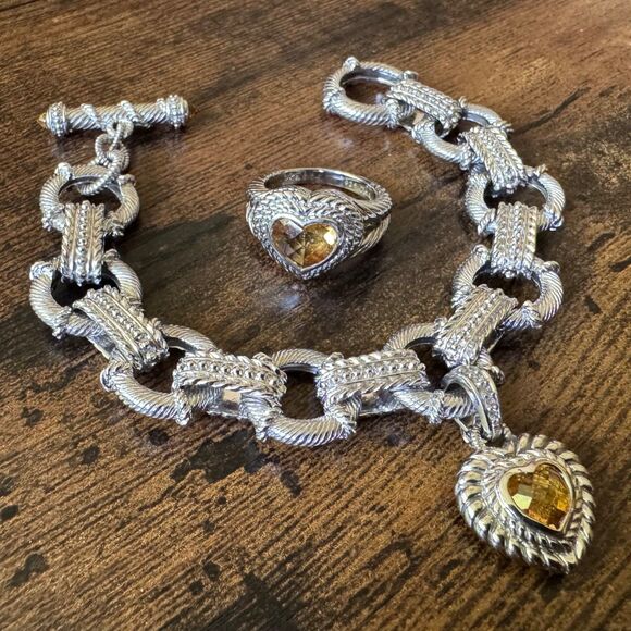 JUDITH RIPKA STERLING SILVER BRACELET w CITRINE HEART ENHANCER CHARM + RING Sz 8 - Picture 1 of 10